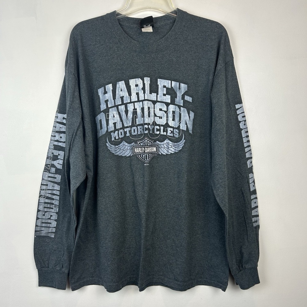 Harley Davidson Long Sleeve T Shirt Mens XL Gray Wings Grunge Motorcycle Indy